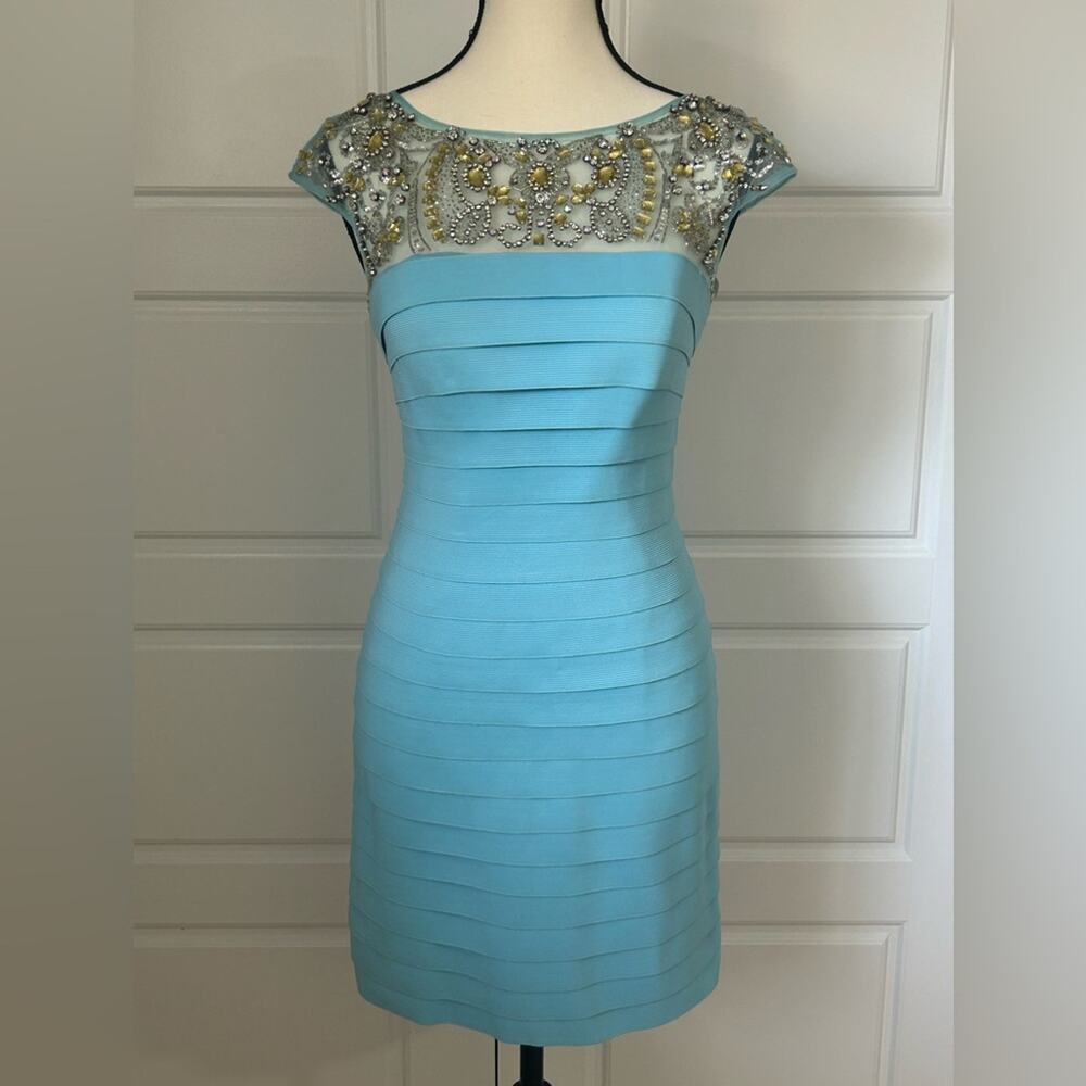 Sherri bill blue bandage dress gold rhinestone beaded cap sleeve size XS/S